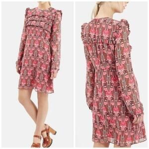 Topshop Floral Long Sleeves Ruffle Pink Dress Size 4